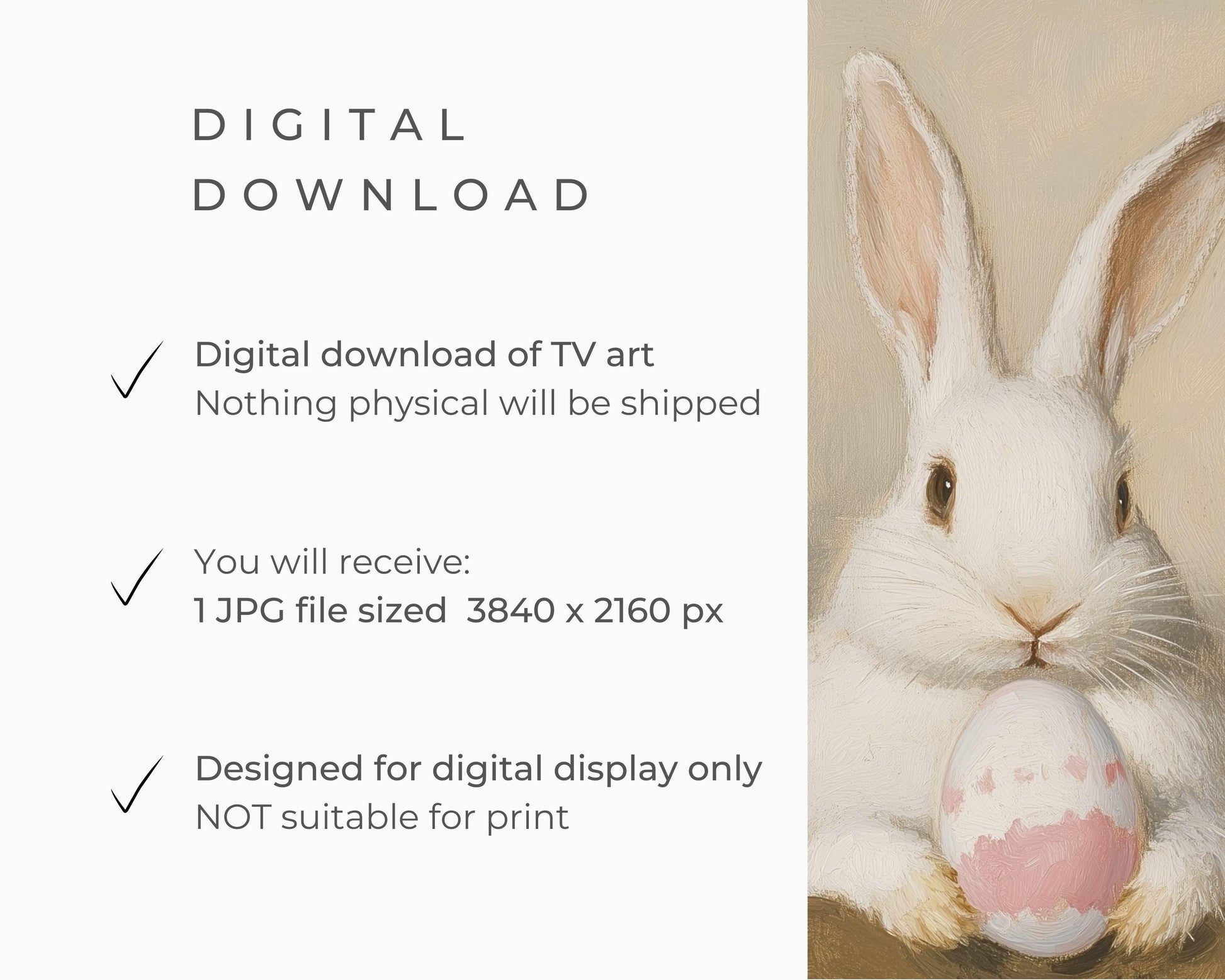 FRAME TV art Bunnies Holding Easter Eggs, Cute Spring TV art rabbits painting, Samsung Frame tv art screensaver for kids white bunny | TV677