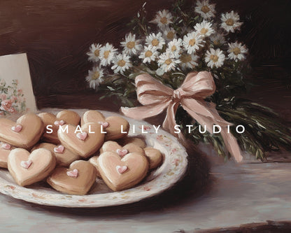 FRAME TV art Valentines Day Cookies, Samsung Frame art hearts and flowers, Moody neutral valentines vintage style painting farmhouse | TV644