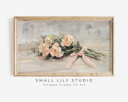 FRAME TV art Rustic Pink Flowers, Spring TV art, Samsung Frame tv art Farmhouse Florals, Vintage style painting peach coral pink bow | TV647