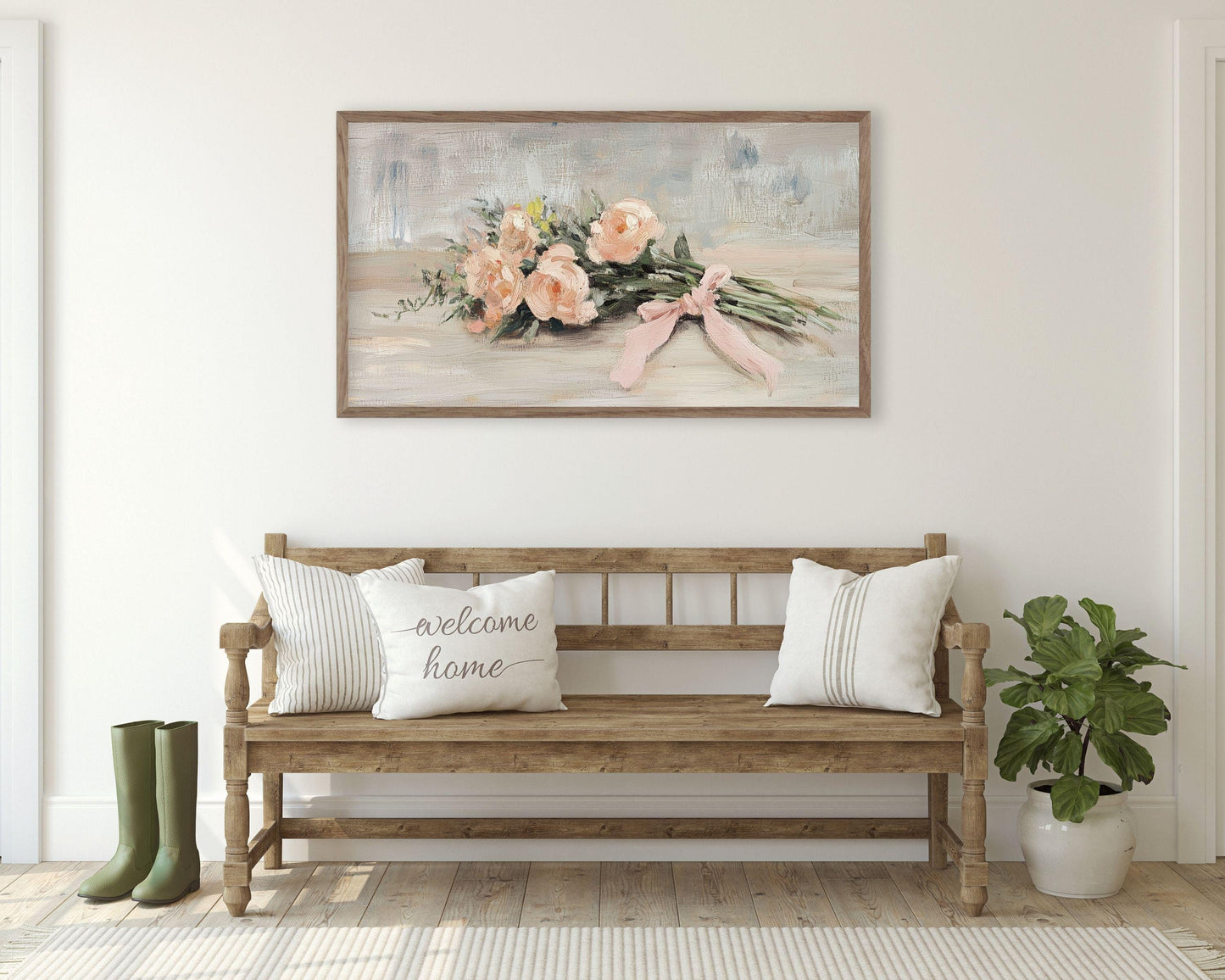 FRAME TV art Rustic Pink Flowers, Spring TV art, Samsung Frame tv art Farmhouse Florals, Vintage style painting peach coral pink bow | TV647