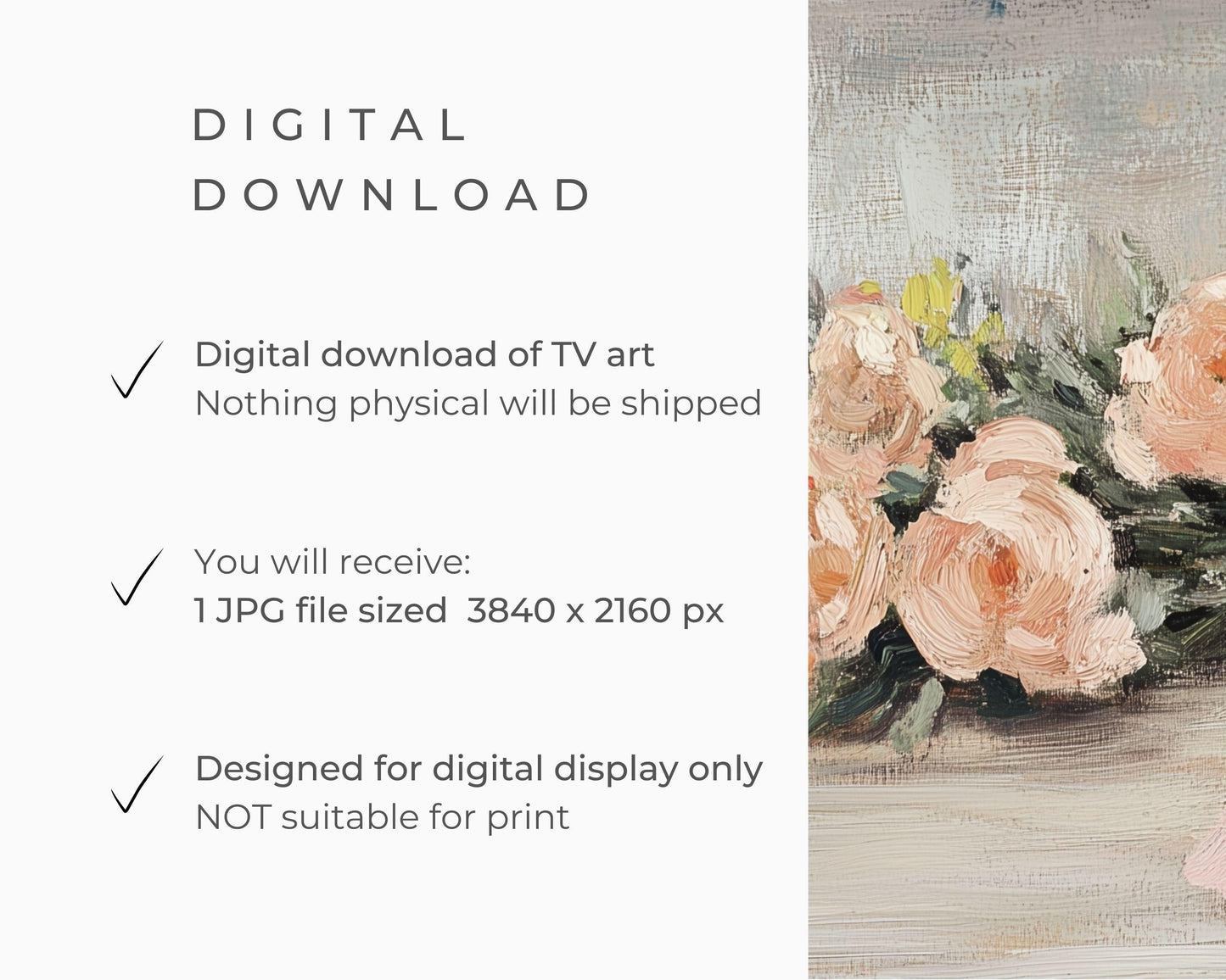 FRAME TV art Rustic Pink Flowers, Spring TV art, Samsung Frame tv art Farmhouse Florals, Vintage style painting peach coral pink bow | TV647