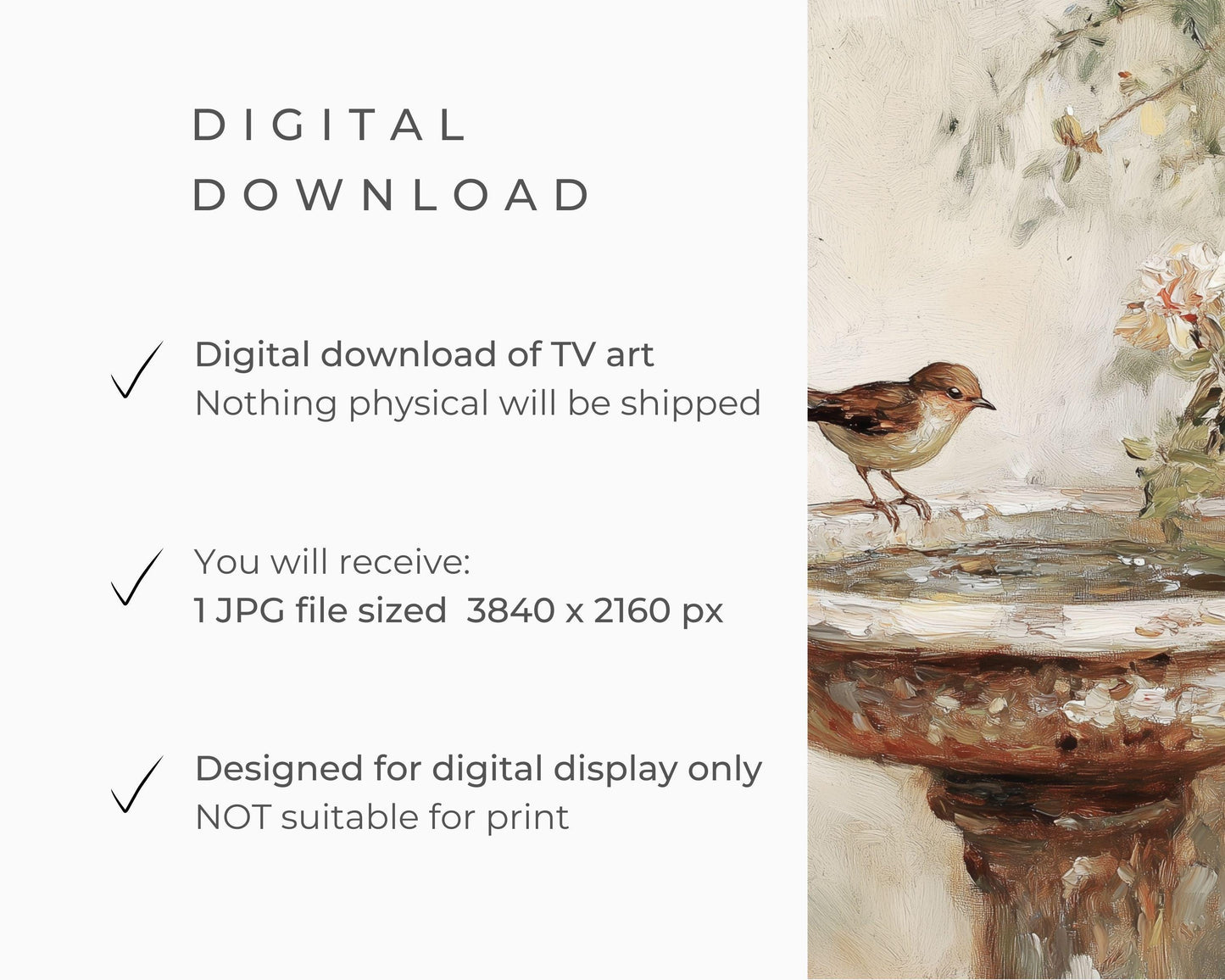 Frame TV art Bird at Birdbath, Spring Samsung Frame TV art for bird lovers, TV screensaver neutral vintage style painting nature | TV595