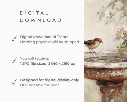 Frame TV art Bird at Birdbath, Spring Samsung Frame TV art for bird lovers, TV screensaver neutral vintage style painting nature | TV595