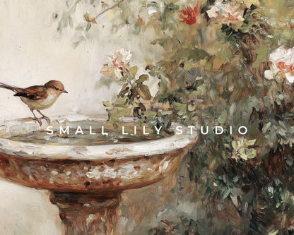 Frame TV art Bird at Birdbath, Spring Samsung Frame TV art for bird lovers, TV screensaver neutral vintage style painting nature | TV595