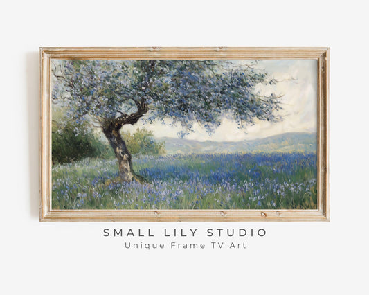 FRAME TV art Spring Bluebells, Samsung Frame tv artwork blue flowers under tree, Floral Frametv picture vintage style painting | TV662