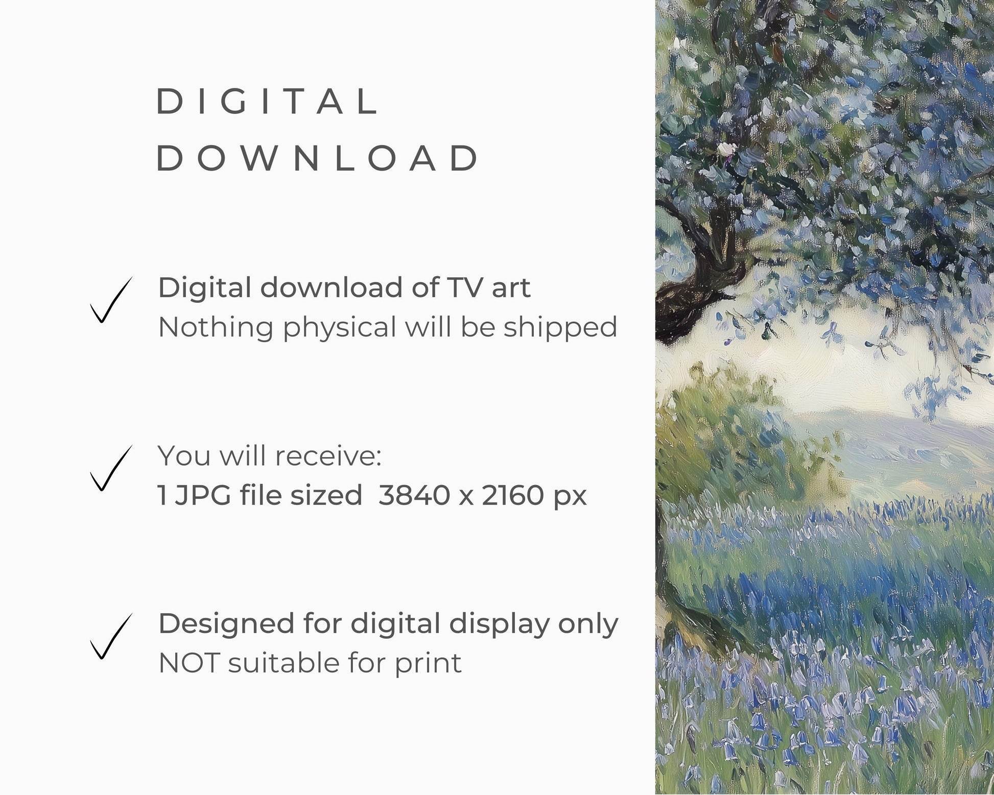 FRAME TV art Spring Bluebells, Samsung Frame tv artwork blue flowers under tree, Floral Frametv picture vintage style painting | TV662