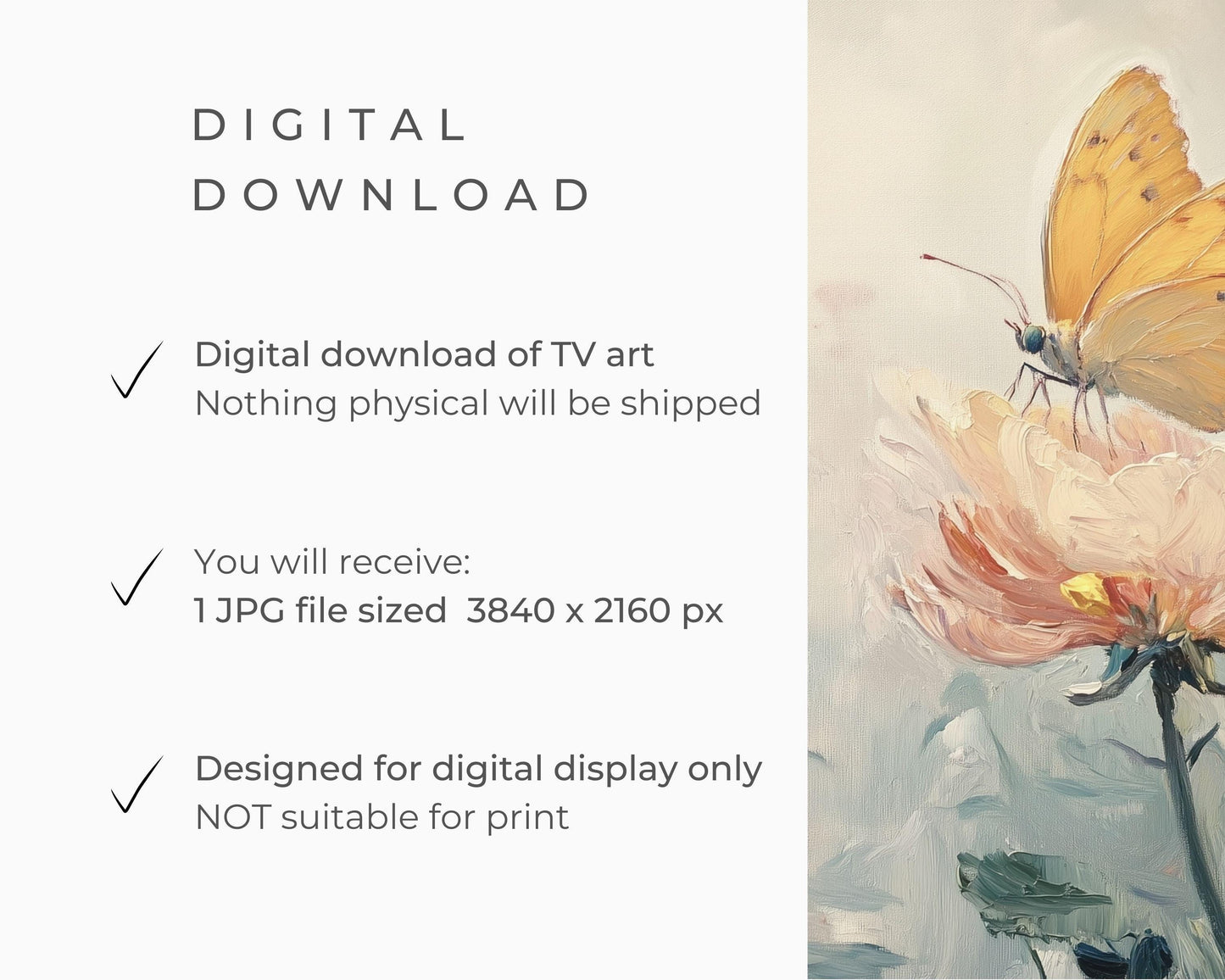 Spring FRAME TV art Butterfly on Flower, Abstract Floral Samsung Frame tv art yellow pink, Textured garden painting tv screensaver | TV664