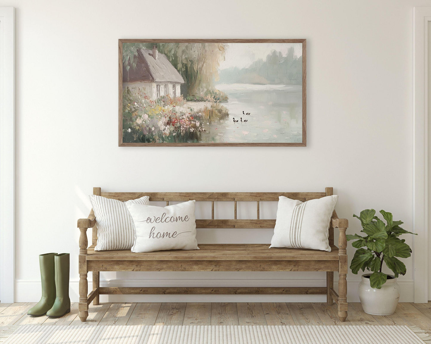 FRAME TV art Cottage by Lake in Fog, Neutral landscape Samsung Frame Tv art vintage style textured painting, Cottagecore tv artwork | TV666