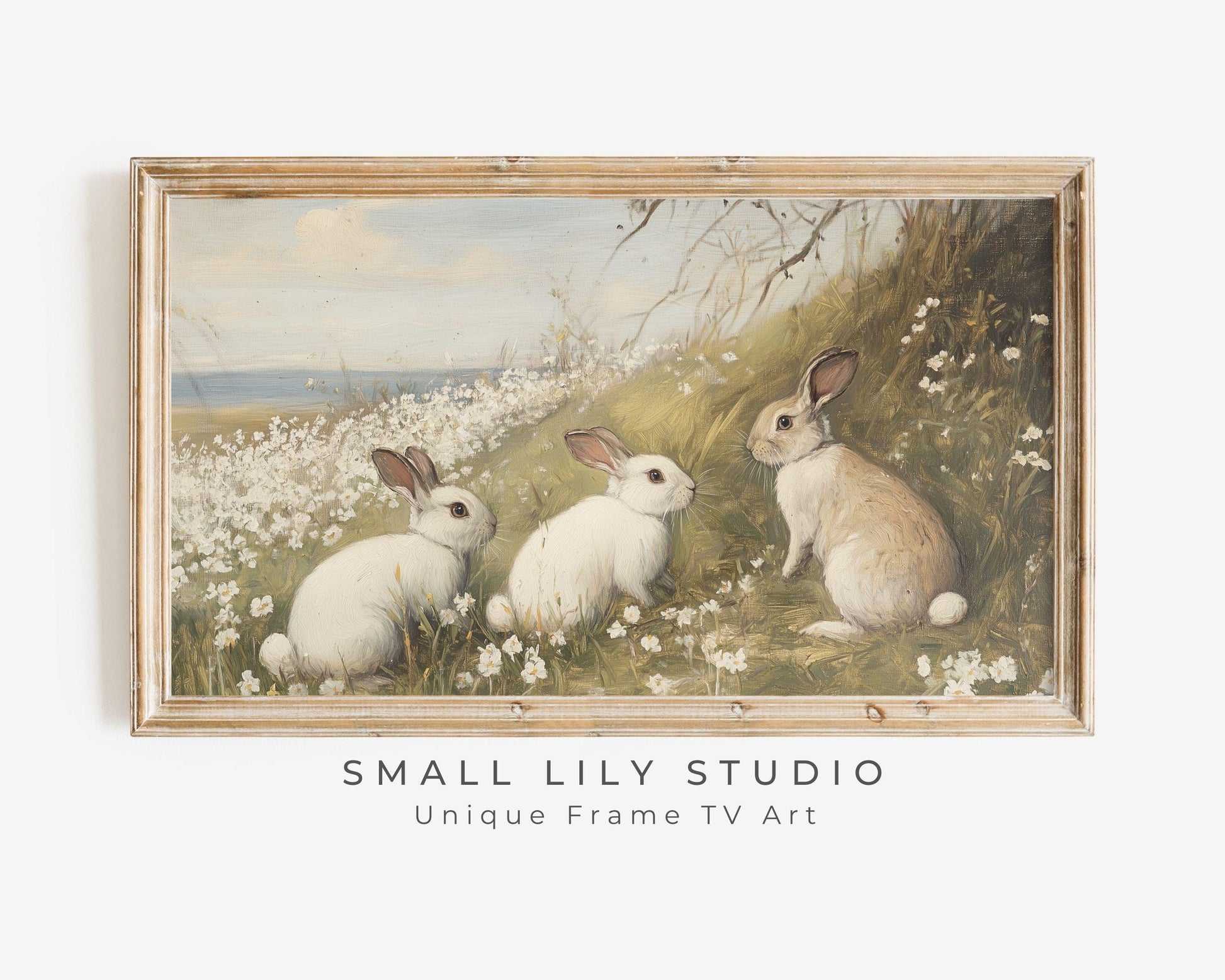 FRAME TV art White Rabbits by the Sea, Samsung Frame tv art Vintage Easter, Spring floral landscape with bunnies country farmhouse | TV669