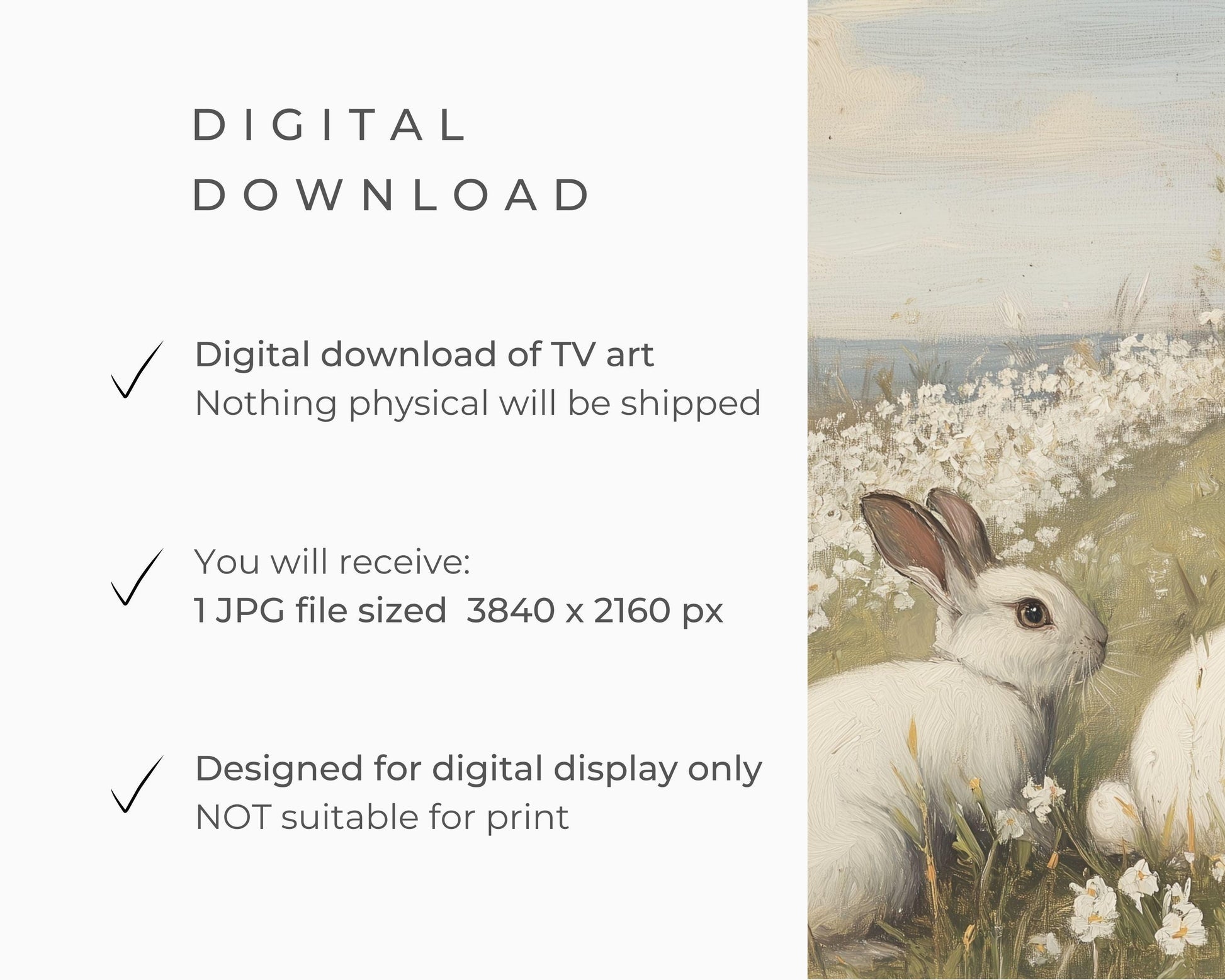 FRAME TV art White Rabbits by the Sea, Samsung Frame tv art Vintage Easter, Spring floral landscape with bunnies country farmhouse | TV669