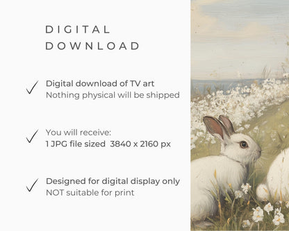 FRAME TV art White Rabbits by the Sea, Samsung Frame tv art Vintage Easter, Spring floral landscape with bunnies country farmhouse | TV669