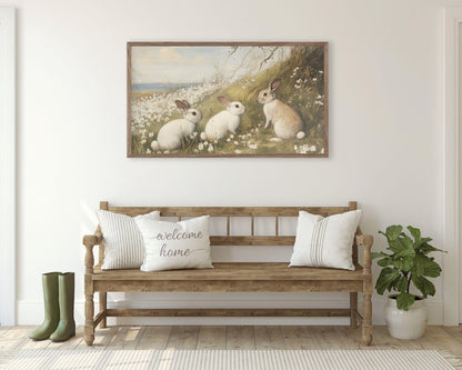 FRAME TV art White Rabbits by the Sea, Samsung Frame tv art Vintage Easter, Spring floral landscape with bunnies country farmhouse | TV669