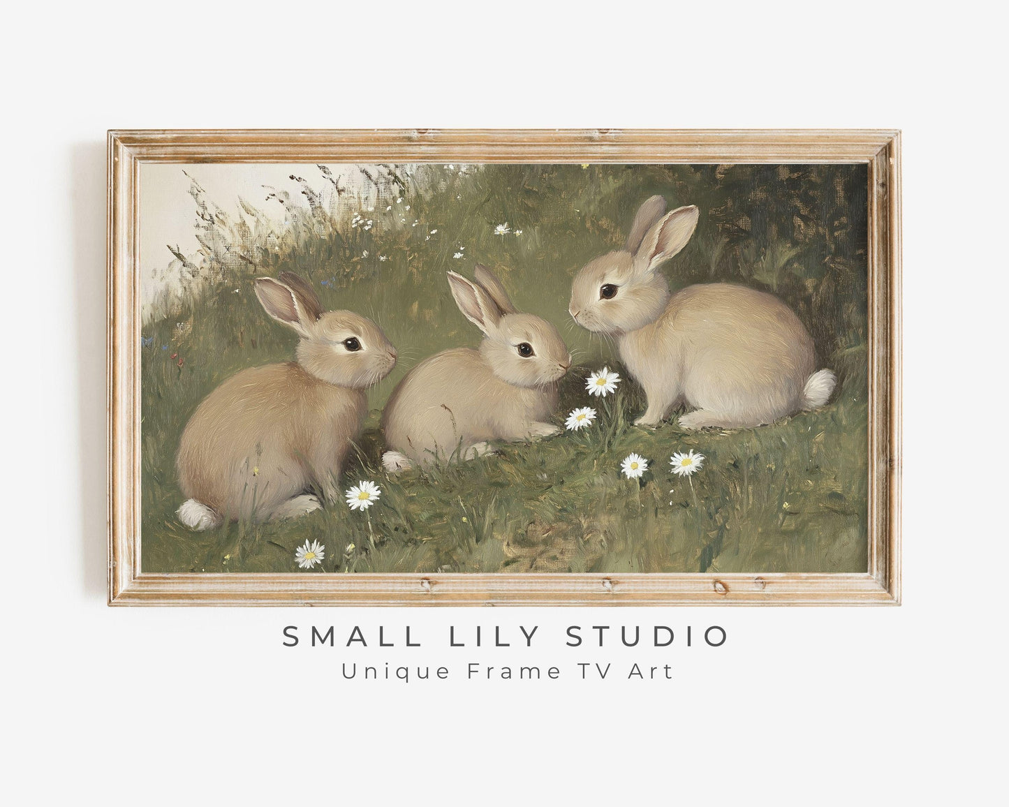 FRAME TV art Bunnies and Daisies, Samsung Frame tv art Vintage Easter, Spring landscape with cute brown rabbits country farmhouse | TV670