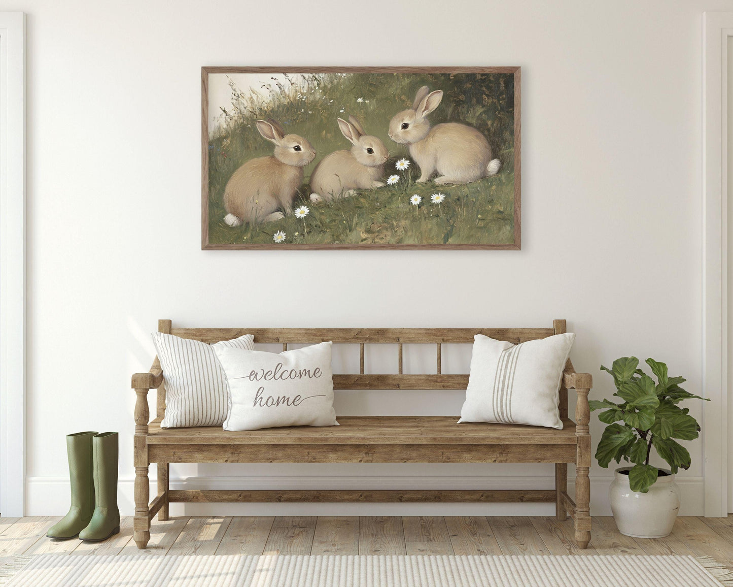 FRAME TV art Bunnies and Daisies, Samsung Frame tv art Vintage Easter, Spring landscape with cute brown rabbits country farmhouse | TV670