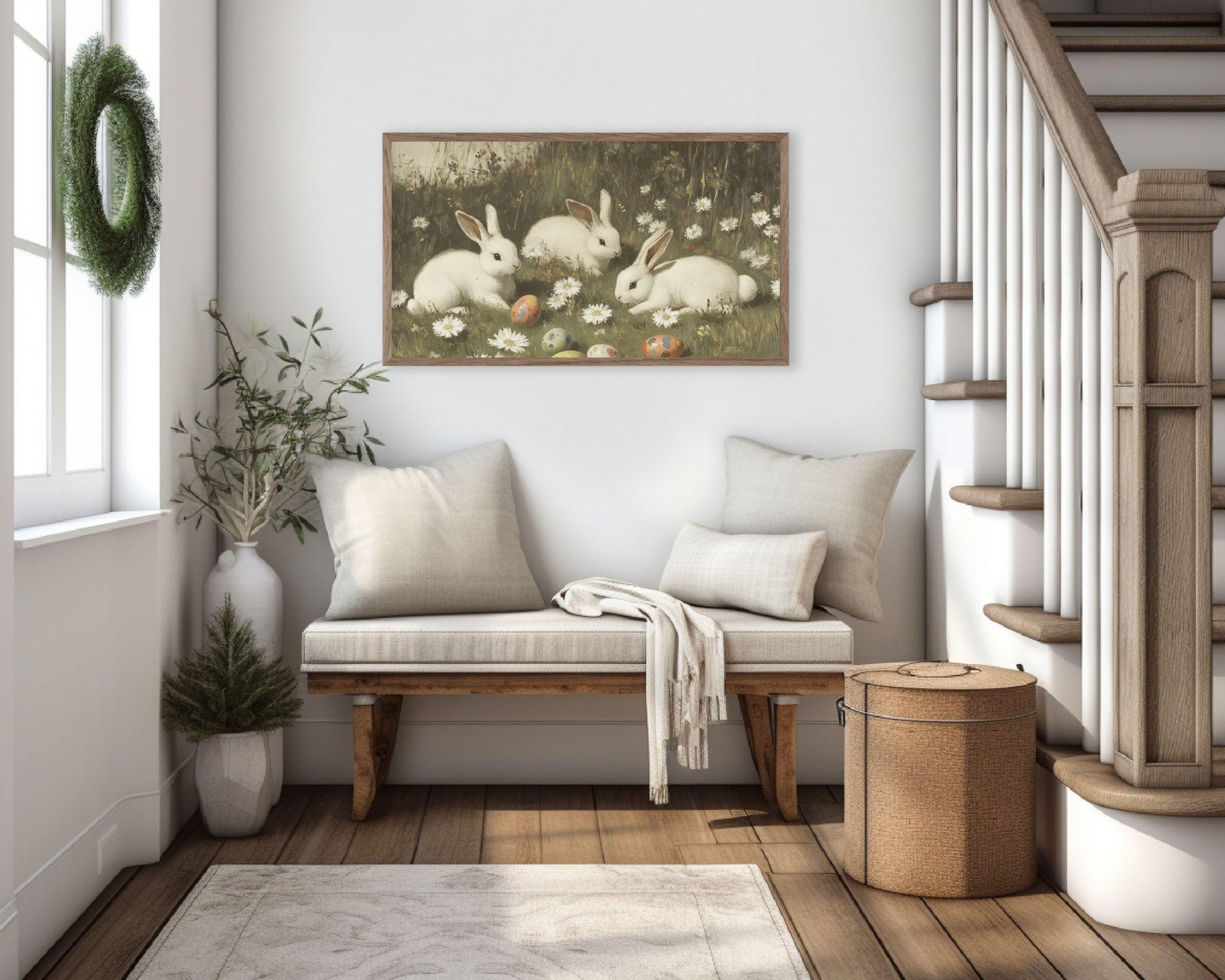 FRAME TV art Bunnies with Easter Eggs and Daisies, Samsung Frame tv art Vintage Easter, Spring landscape with cute rabbits farmhouse | TV676