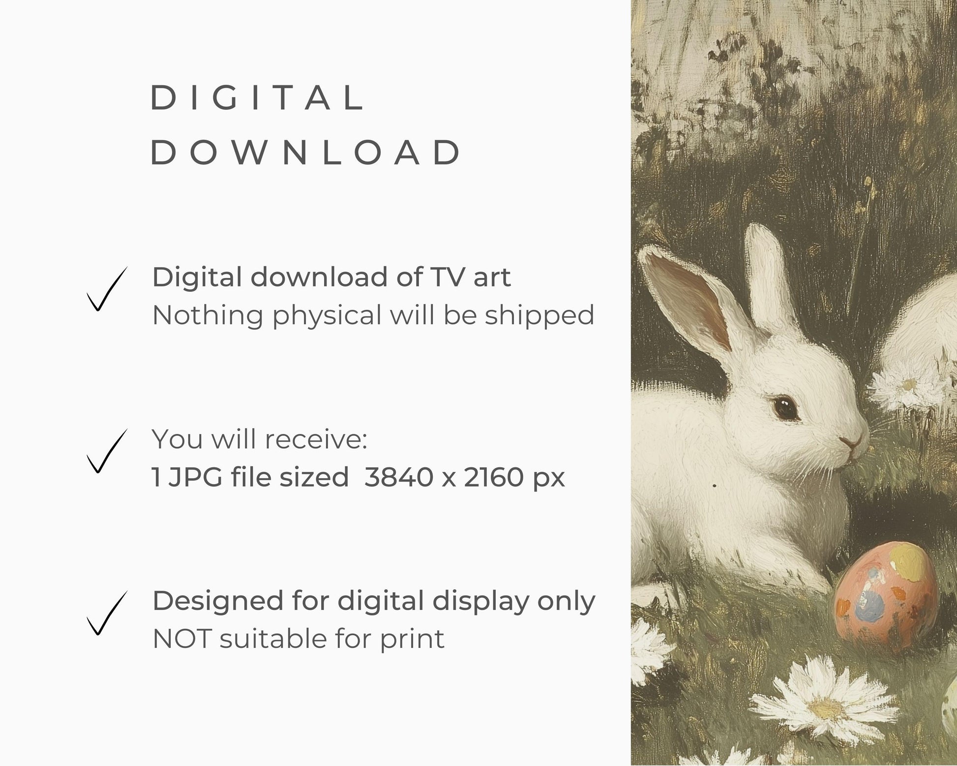 FRAME TV art Bunnies with Easter Eggs and Daisies, Samsung Frame tv art Vintage Easter, Spring landscape with cute rabbits farmhouse | TV676