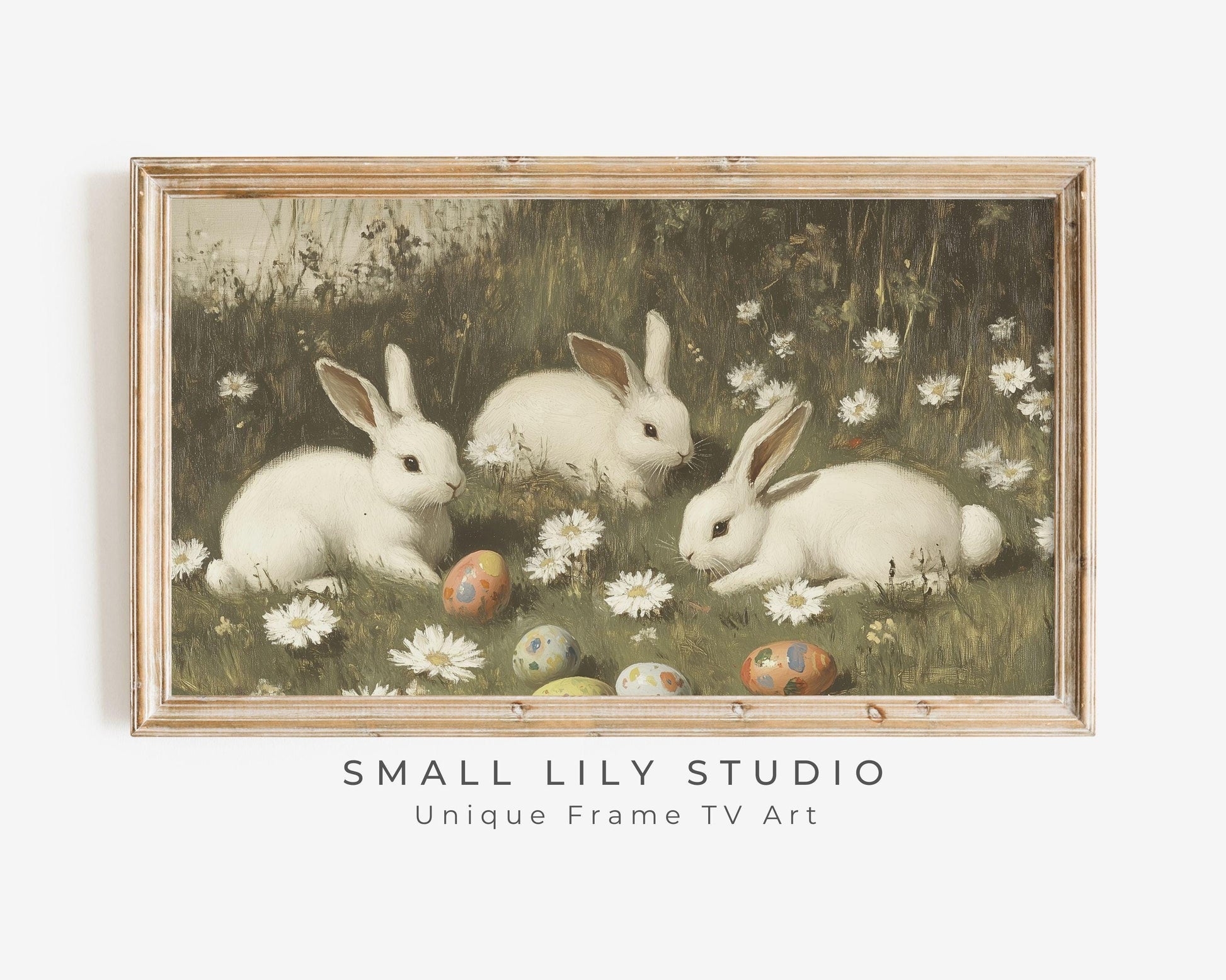 FRAME TV art Bunnies with Easter Eggs and Daisies, Samsung Frame tv art Vintage Easter, Spring landscape with cute rabbits farmhouse | TV676