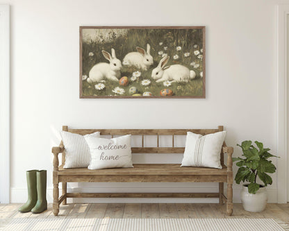 FRAME TV art Bunnies with Easter Eggs and Daisies, Samsung Frame tv art Vintage Easter, Spring landscape with cute rabbits farmhouse | TV676