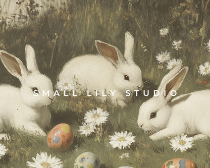 FRAME TV art Bunnies with Easter Eggs and Daisies, Samsung Frame tv art Vintage Easter, Spring landscape with cute rabbits farmhouse | TV676