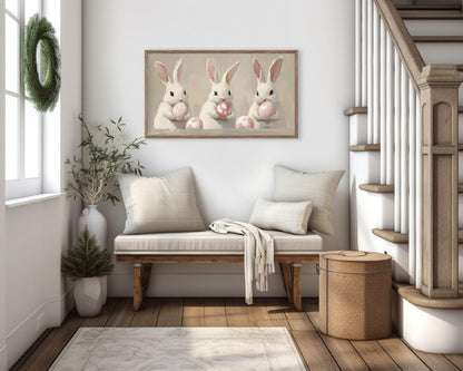 FRAME TV art Bunnies Holding Pink Easter Eggs, Cute Spring TV art white rabbits painting, Samsung Frame tv art screensaver for kids | TV679