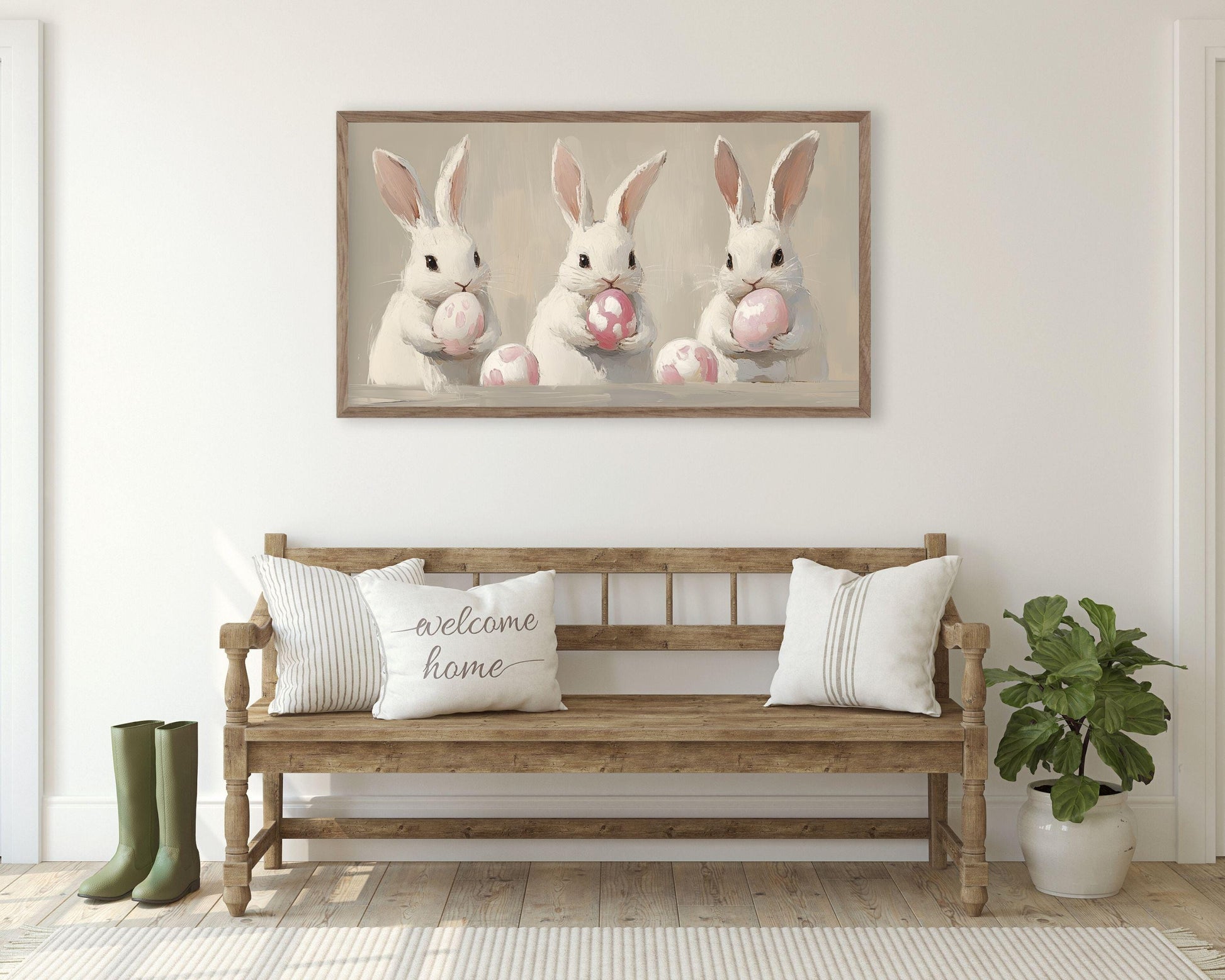 FRAME TV art Bunnies Holding Pink Easter Eggs, Cute Spring TV art white rabbits painting, Samsung Frame tv art screensaver for kids | TV679