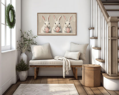 FRAME TV art Bunnies Holding Pink Easter Eggs, Cute Spring TV art white rabbits painting, Samsung Frame tv art screensaver for kids | TV680