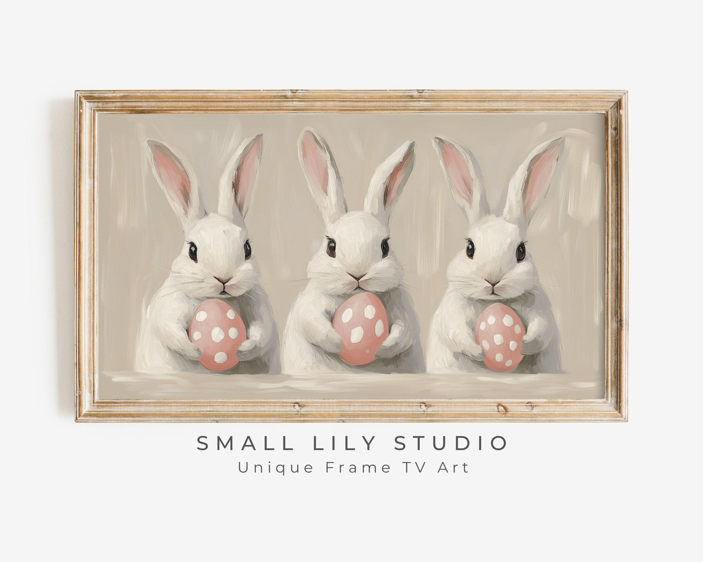 FRAME TV art Bunnies Holding Pink Easter Eggs, Cute Spring TV art white rabbits painting, Samsung Frame tv art screensaver for kids | TV680