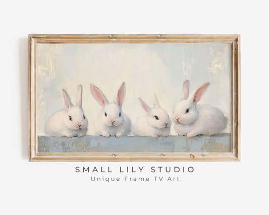 FRAME TV art Four Cute White Bunnies, Cute Spring TV art vintage style rabbits painting, Samsung Frame tv art screensaver for kids | TV681