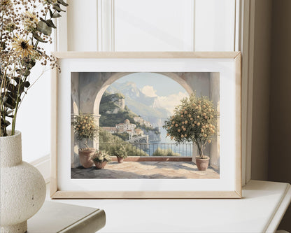 PRINTABLE Amalfi Coast Italy Print, Italian Mediterranean Landscape Wall Art, Summer Coastal Lemon Tree painting for kitchen | P120