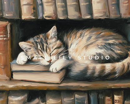 FRAME TV art Cat Sleeping with Books, Samsung Frame TV art for Book lovers, Cute Cat Lover vintage style tv picture bookish painting | TV654