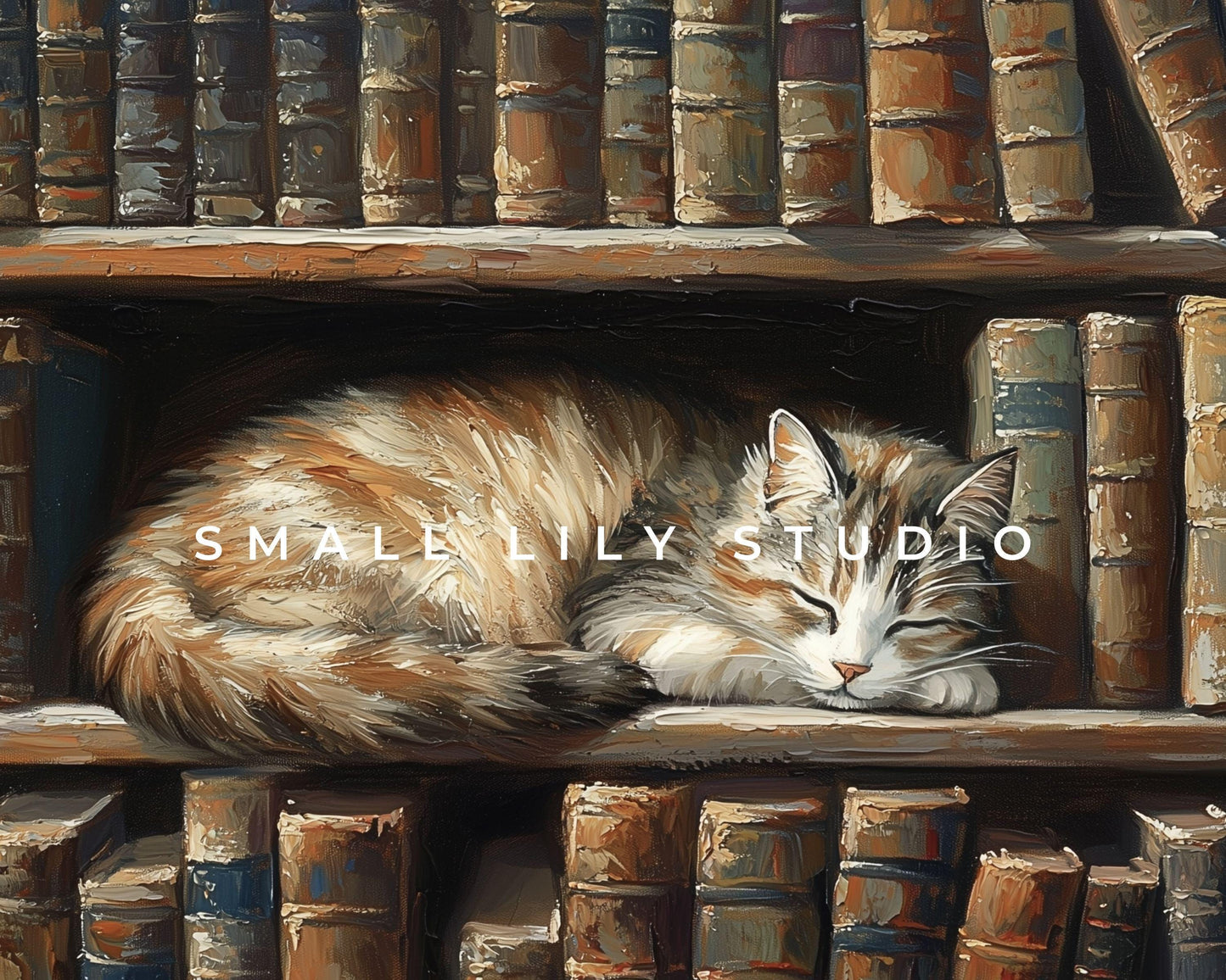 FRAME TV art Cat Sleeping in Dark Library, Samsung Frame TV art for Book lovers, Cute Cat vintage style tv picture bookish painting | TV653