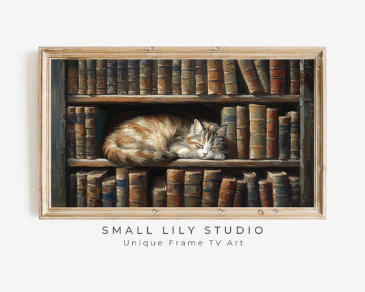 FRAME TV art Cat Sleeping in Dark Library, Samsung Frame TV art for Book lovers, Cute Cat vintage style tv picture bookish painting | TV653