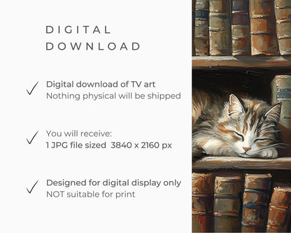 FRAME TV art Cat Sleeping in Dark Library, Samsung Frame TV art for Book lovers, Cute Cat vintage style tv picture bookish painting | TV653