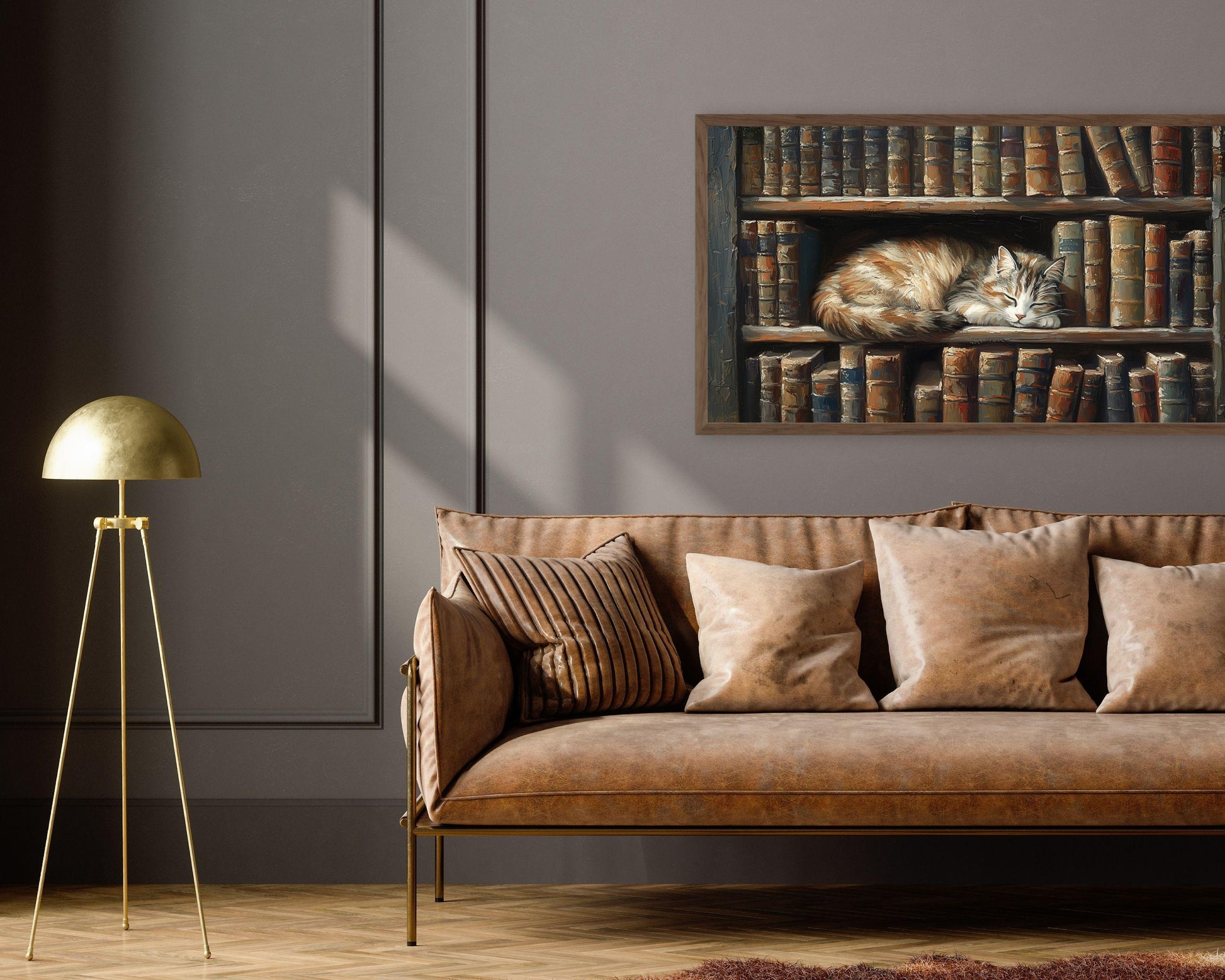 Cat Sleeping in Dark Library Frame TV Art