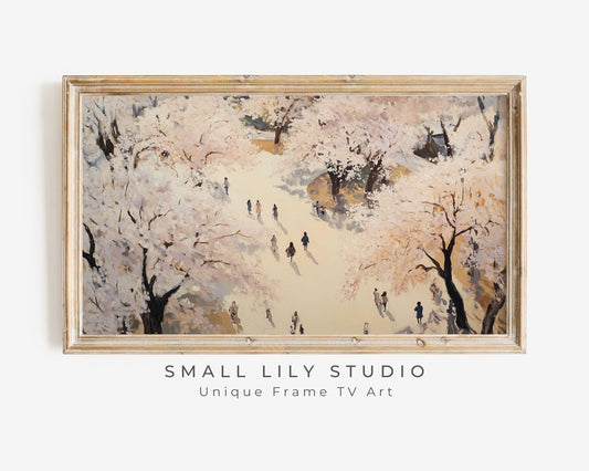 Spring FRAME TV art Walking under Cherry Blossoms, Pink floral Samsung Frame tv art, Vintage style painting blossom trees in Japan | TV688