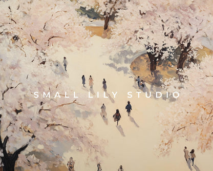 Spring FRAME TV art Walking under Cherry Blossoms, Pink floral Samsung Frame tv art, Vintage style painting blossom trees in Japan | TV688