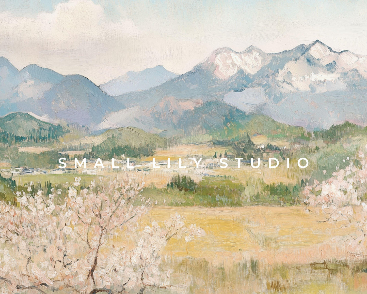 FRAME TV art Japanese Spring Landscape, Samsung Frame tv art Colorful Japan countryside with pink blossom trees and snowy mountains | TV692