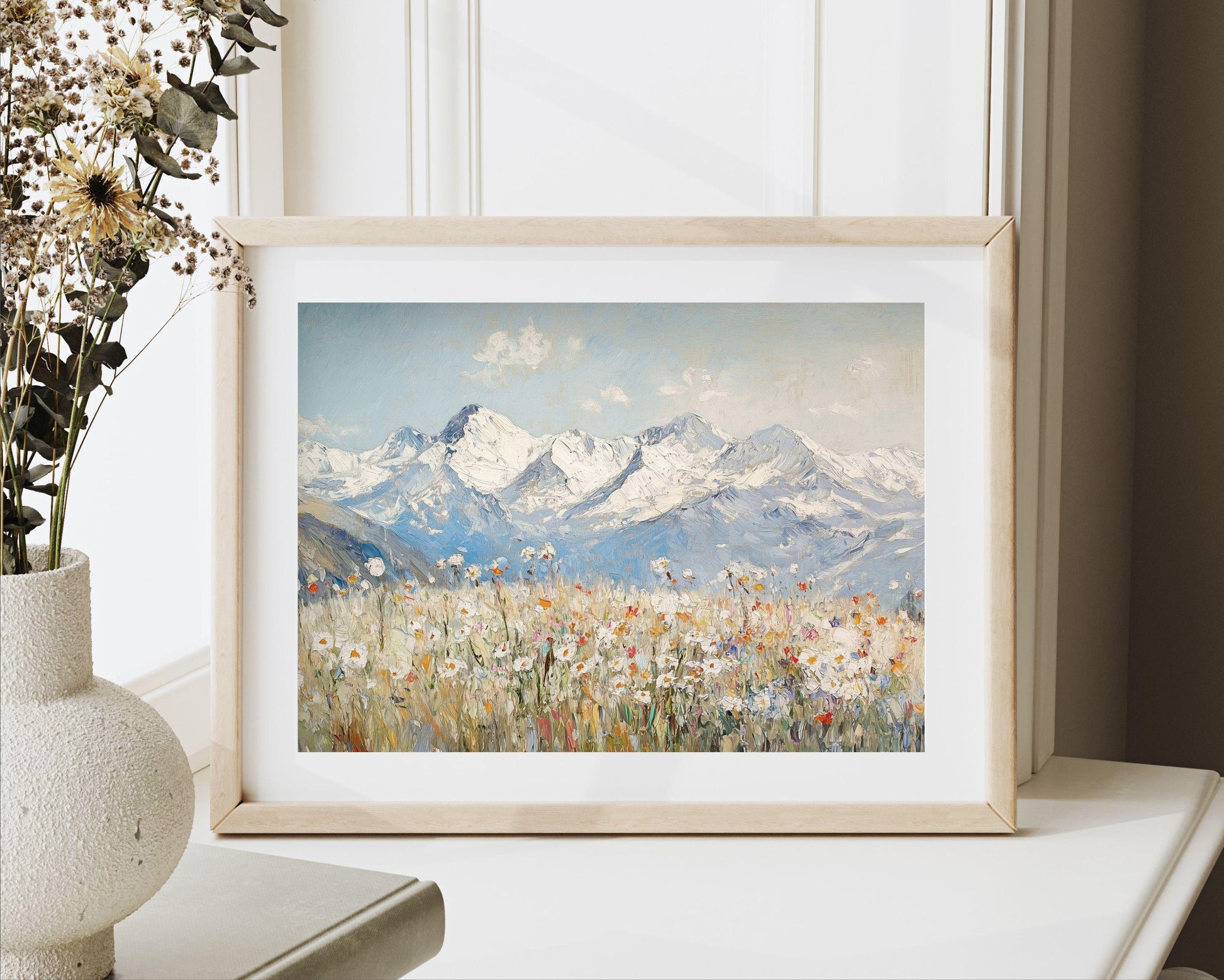 PRINTABLE Alps and Wildflowers Print, Vintage Style Winter Floral Wall Art, Textured Spring landscape painting Swiss Mountains | P123