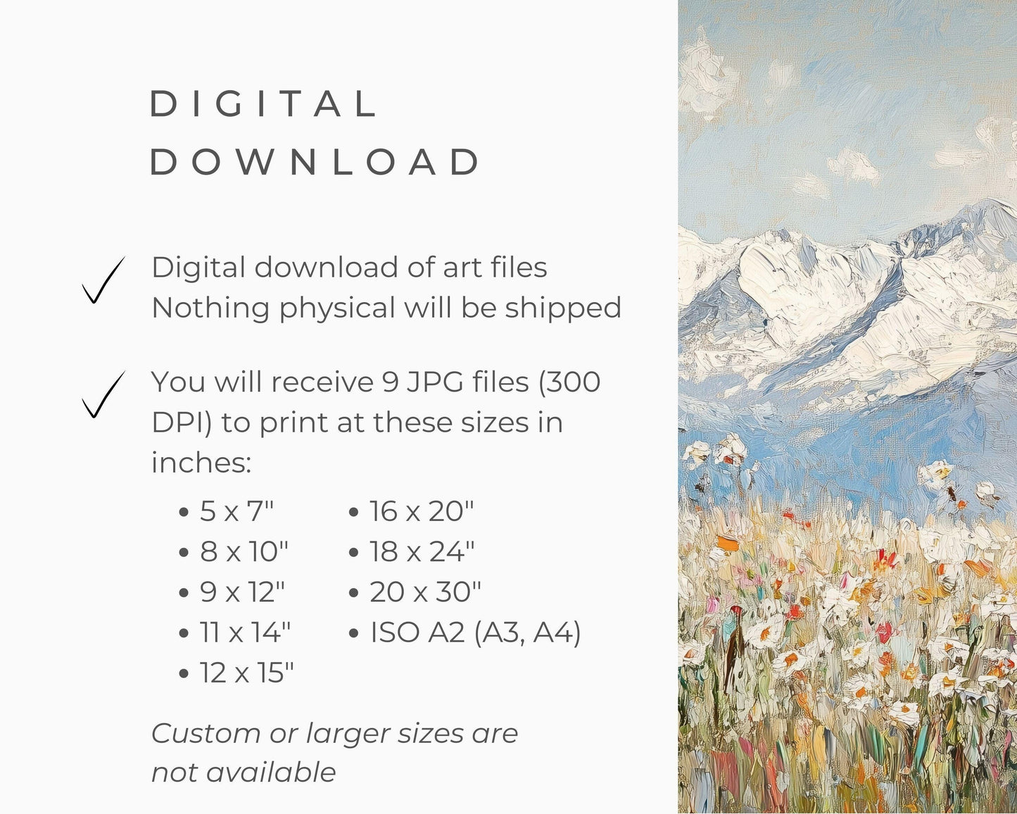 PRINTABLE Alps and Wildflowers Print, Vintage Style Winter Floral Wall Art, Textured Spring landscape painting Swiss Mountains | P123