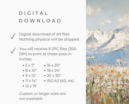 PRINTABLE Alps and Wildflowers Print, Vintage Style Winter Floral Wall Art, Textured Spring landscape painting Swiss Mountains | P123