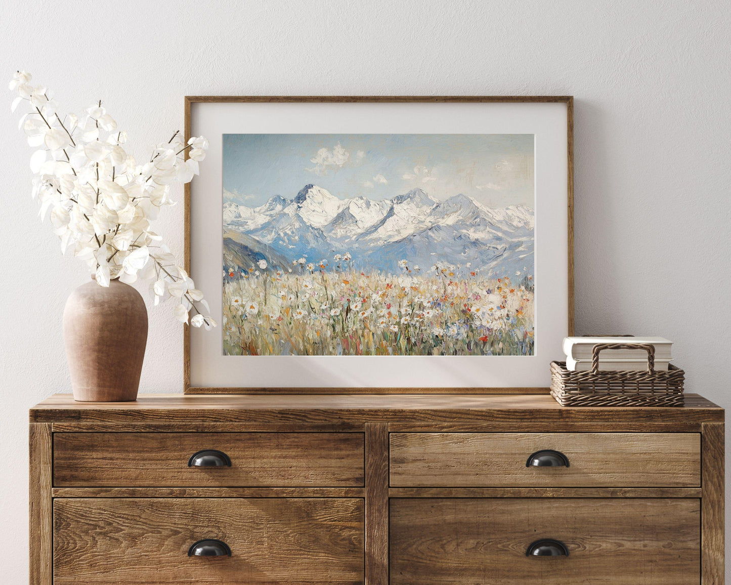 PRINTABLE Alps and Wildflowers Print, Vintage Style Winter Floral Wall Art, Textured Spring landscape painting Swiss Mountains | P123