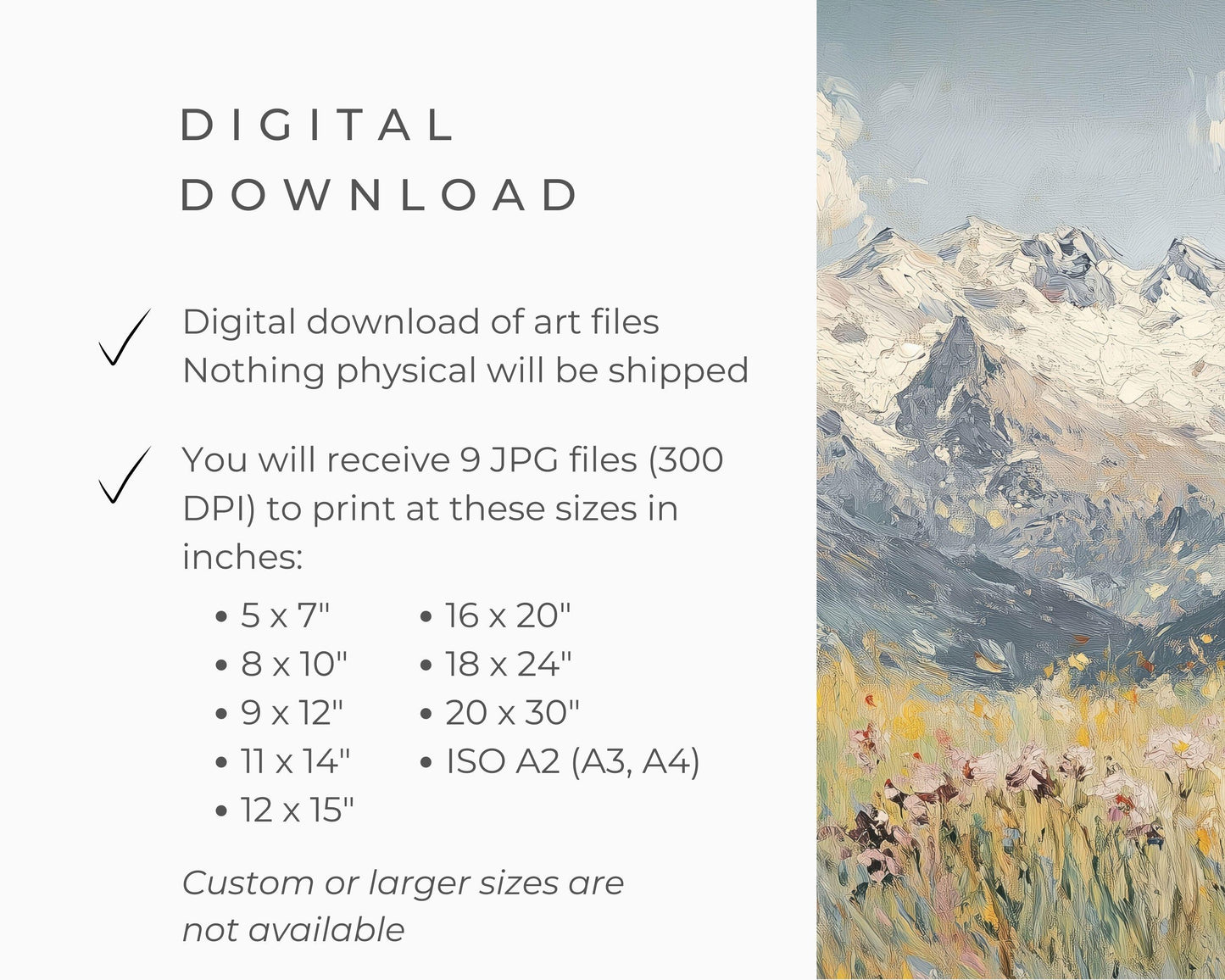 PRINTABLE Alps and Wildflowers Print, Vintage Style Winter Floral Wall Art, Textured Spring landscape painting Swiss Mountains | P124