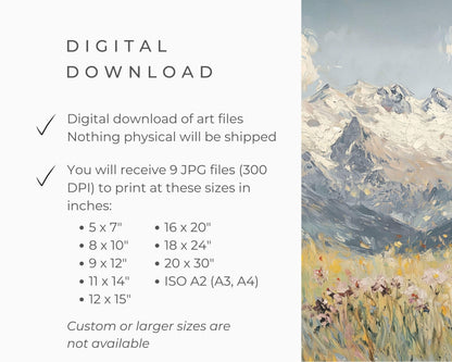 PRINTABLE Alps and Wildflowers Print, Vintage Style Winter Floral Wall Art, Textured Spring landscape painting Swiss Mountains | P124