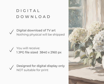 FRAME TV art Hydrangeas in Country Cottage, Samsung Frame tv art neutral Spring farmhouse, Tv art floral screensaver rustic decor | TV698