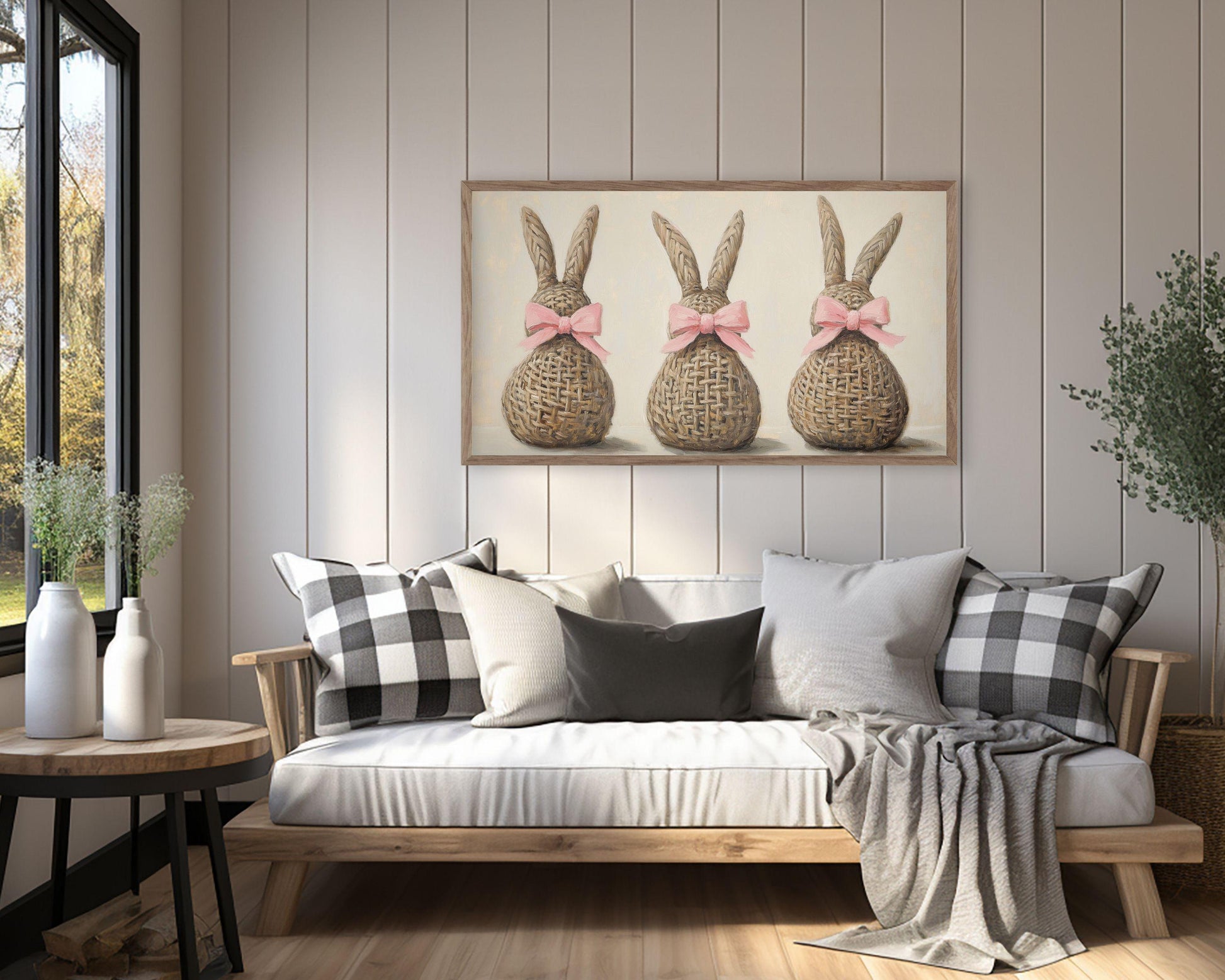 Easter Wicker Bunnies with Pink Bows Frame TV Art