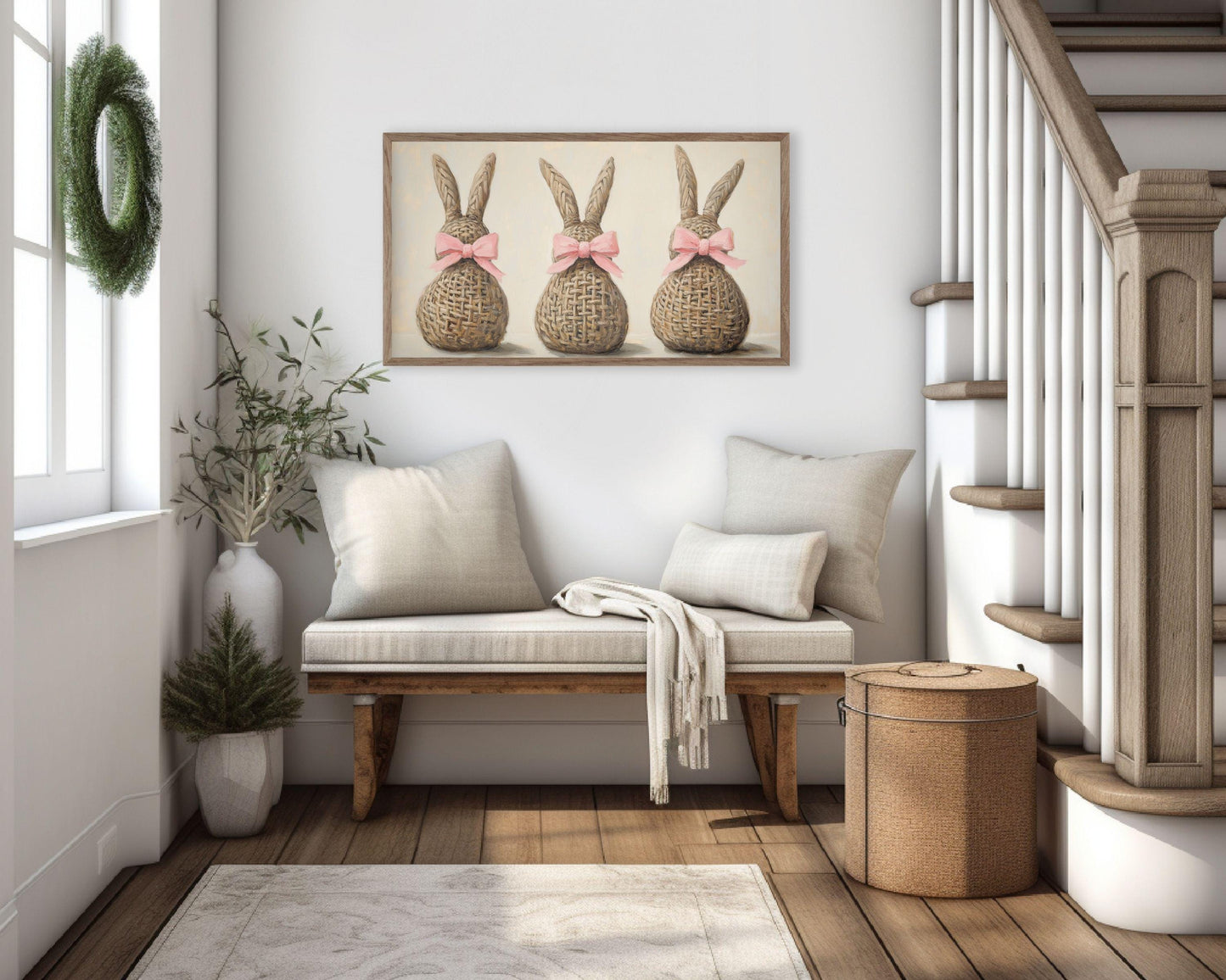 Easter FRAME TV art Wicker Bunnies with Pink Bows, Cute Spring TV art neutral painting, Samsung Frame tv art screensaver for kids | TV668