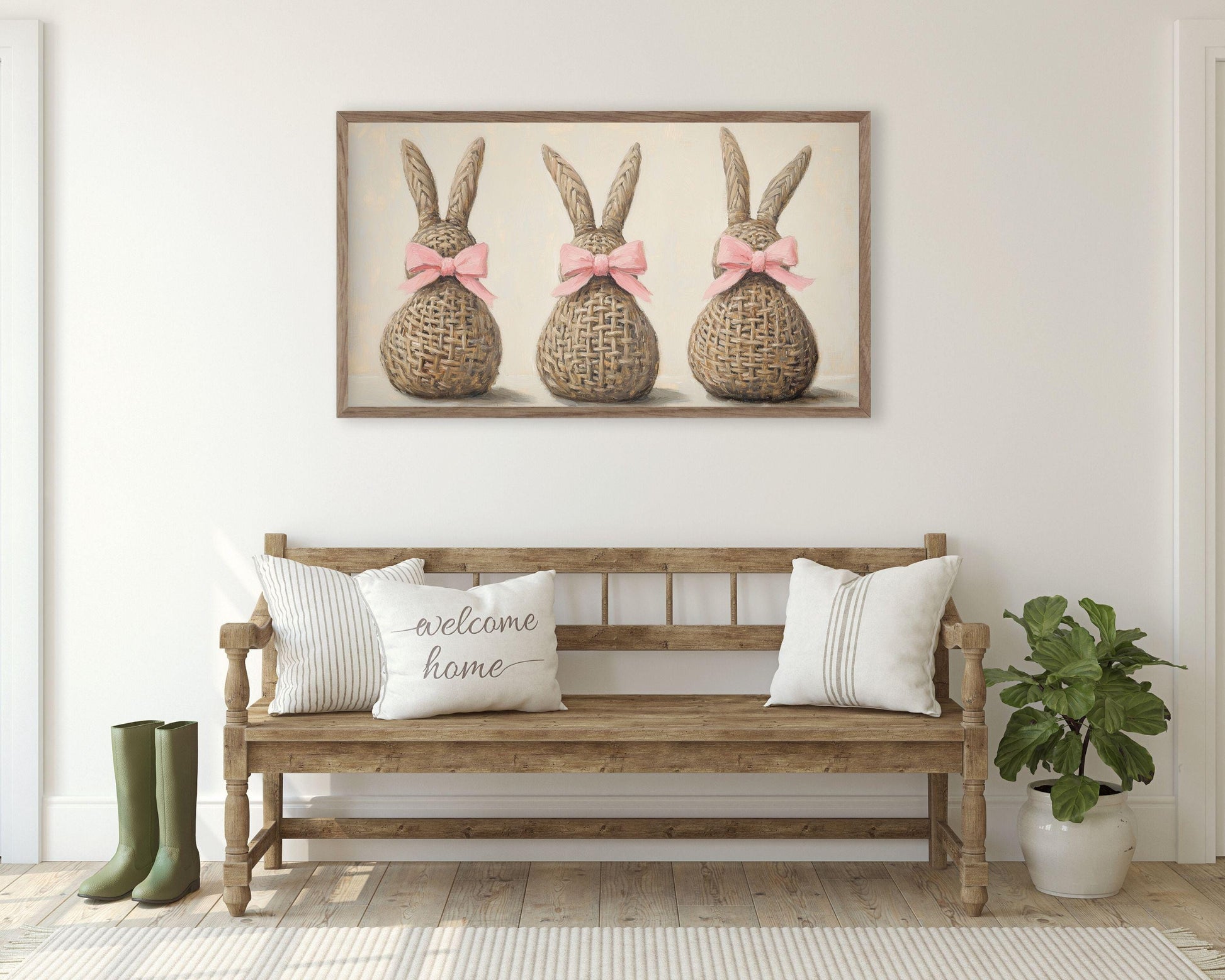 Easter FRAME TV art Wicker Bunnies with Pink Bows, Cute Spring TV art neutral painting, Samsung Frame tv art screensaver for kids | TV668