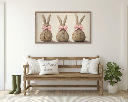 Easter FRAME TV art Wicker Bunnies with Pink Bows, Cute Spring TV art neutral painting, Samsung Frame tv art screensaver for kids | TV668