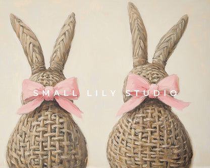 Easter FRAME TV art Wicker Bunnies with Pink Bows, Cute Spring TV art neutral painting, Samsung Frame tv art screensaver for kids | TV668