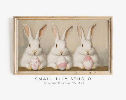 FRAME TV art Bunnies Holding Easter Eggs, Cute Spring TV art rabbits painting, Samsung Frame tv art screensaver for kids white bunny | TV677